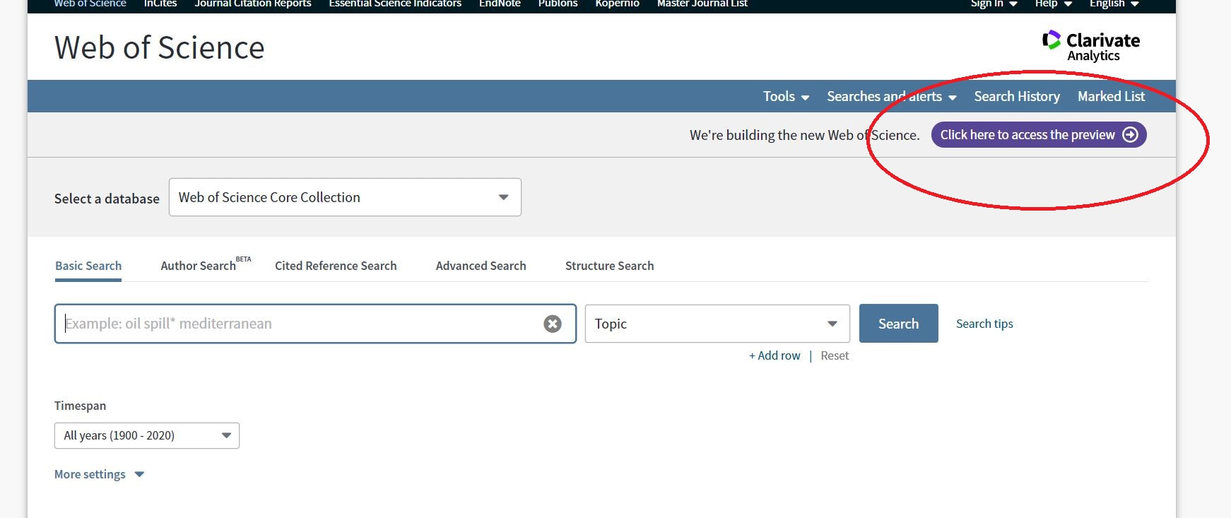 Screenshot of new Web of Science interface. In top right corner, there is a button that says 