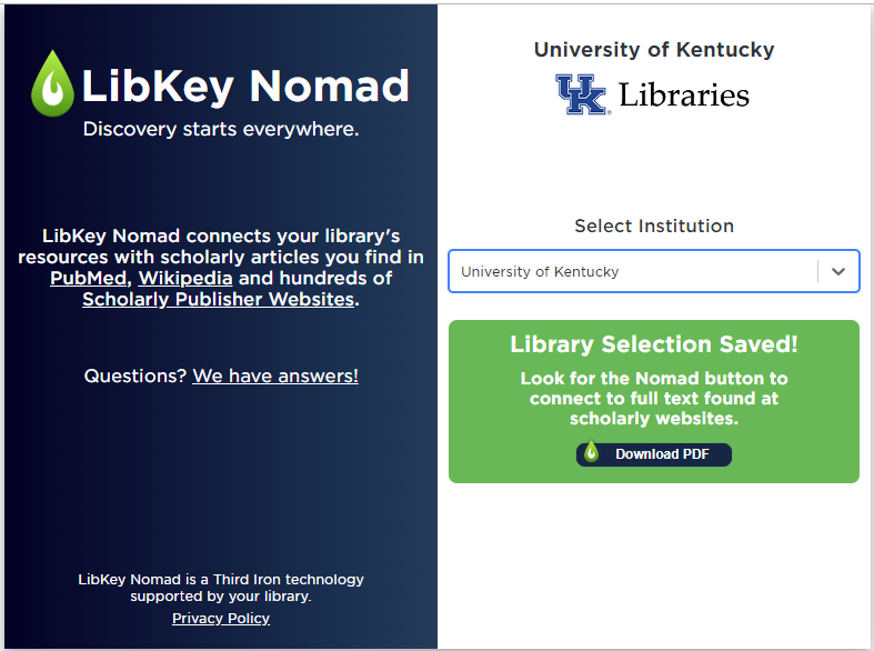 Screenshot of LibKey Nomad Selection Saved